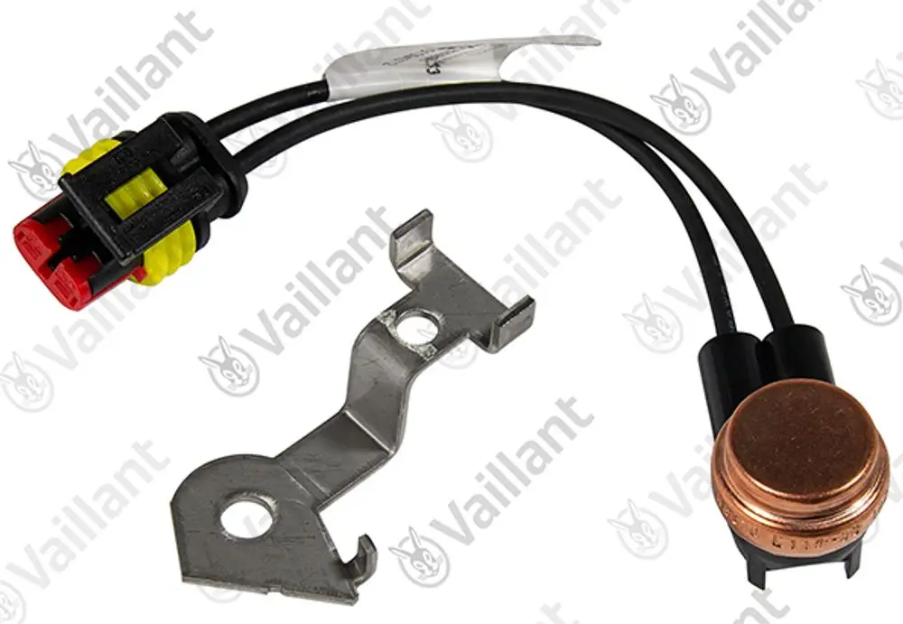 Vaillant Sicherheitstemperaturbegrenzer mit Steckverbindern und Anschlusskabel, montierbar mit einer Metallhalterung, zur Regelung der Temperatur in Heizsystemen.